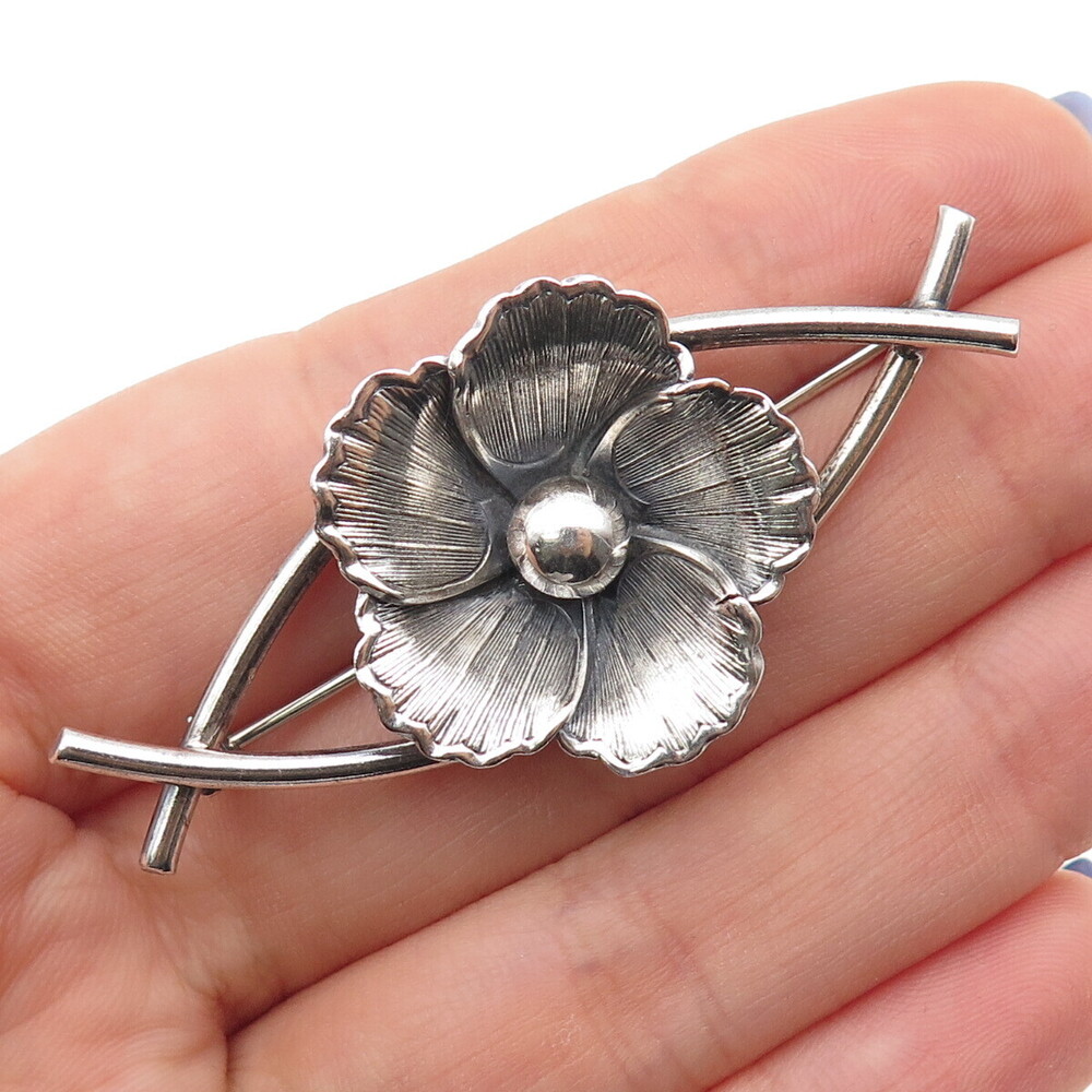 BEAU 925 Sterling Silver Antique Art Deco Flower Blossom Oxidized Pin Brooch